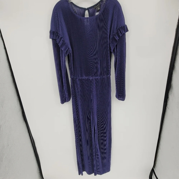 HALOGEN Navy Long Sleeve Plissé Jumpsuit balloon sleeve ruffled Medium - Picture 2 of 5